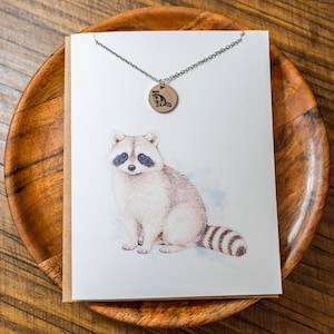 Raccoon Necklace Gift with Watercolor Card, Personalized Gold or Silver Pendant, Cute Animal Jewelry, Custom Engraved Gift for Her