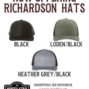 The image is an advertisement for hats, featuring three different styles of hats in black, grey, and green.