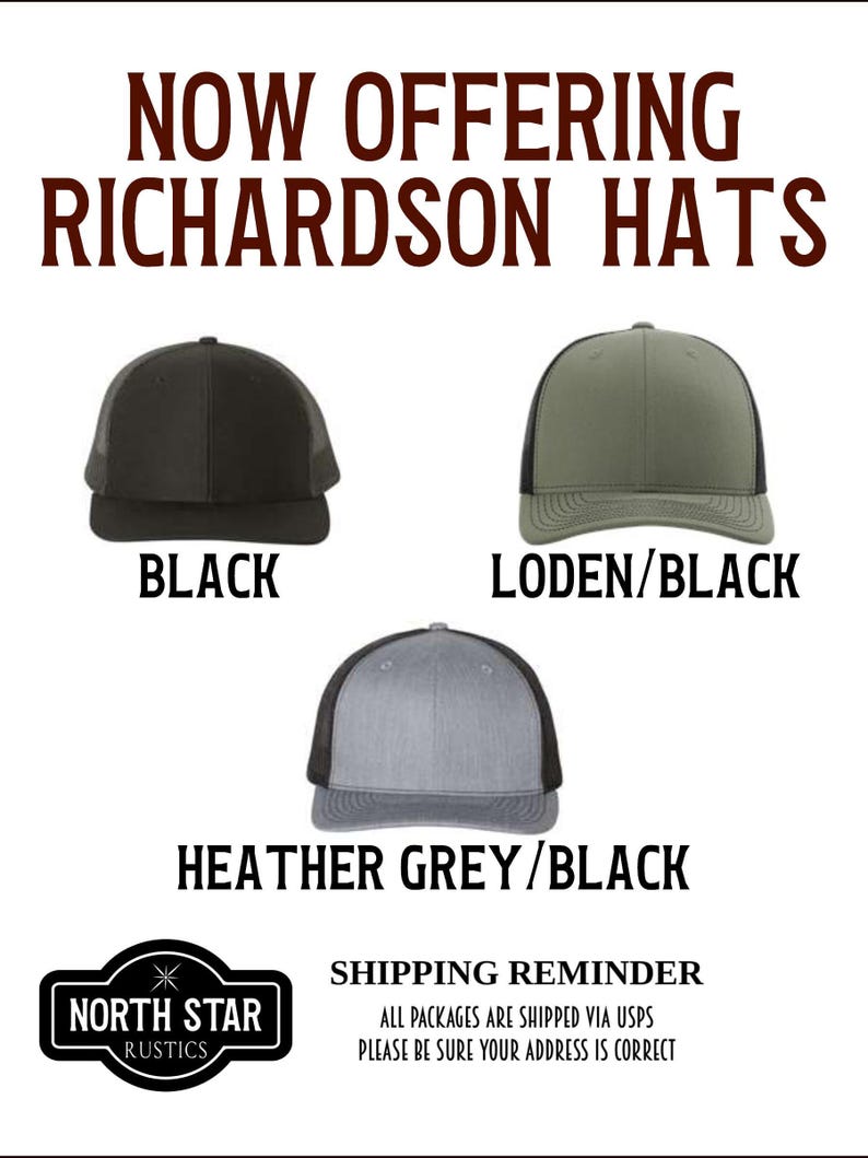 The image is an advertisement for hats, featuring three different styles of hats in black, grey, and green.