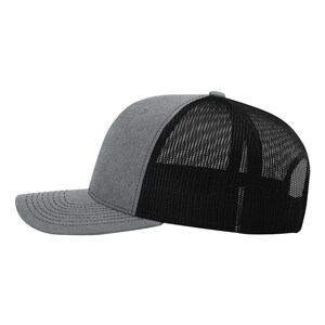 May include: A gray and black trucker hat with a curved brim. The front panels and brim are gray, while the back is black mesh. The hat has a snapback closure and a small gray button on top.