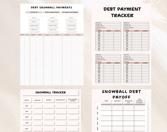 May include: Printable debt tracker and snowball payment planner worksheets. The worksheets are black and white with a light pink background. The worksheets include sections for debt name, minimum payment, interest rate, and balance. The worksheets also include sections for month, payment, and balance.