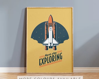 Space Rocket Print - Never Stop Exploring | Outer space decor, wall art poster for kids space theme bedroom, nursery or playroom