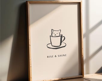 Rise & Shine Coffee Wall Art Print – Cat Illustration, Kitchen and Coffee Corner Decor