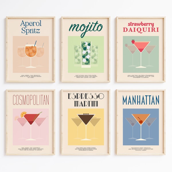 Retro Cocktail Print Set - Classic Vintage Bar Recipe Art, Retro Poster, Kitchen Decor, Alcohol Drink Print, Housewarming Gift