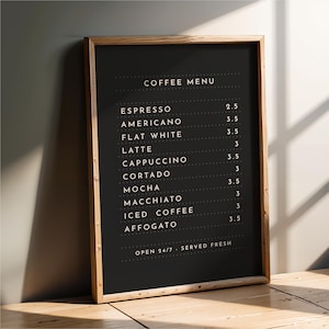 Minimalist Coffee Menu - Wall Art Print | Café decor, modern coffee bar poster, coffee lover gift