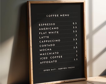 Minimalist Coffee Menu - Wall Art Print | Café decor, modern coffee bar poster, coffee lover gift