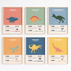 May include: Set of six colorful dinosaur posters with illustrations and facts about each dinosaur. The posters feature Triceratops, Stegosaurus, Tyrannosaurus Rex, Velociraptor, Spinosaurus, and Brachiosaurus.