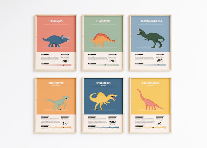 May include: Set of six colorful dinosaur posters with illustrations and facts about each dinosaur. The posters feature Triceratops, Stegosaurus, Tyrannosaurus Rex, Velociraptor, Spinosaurus, and Brachiosaurus.
