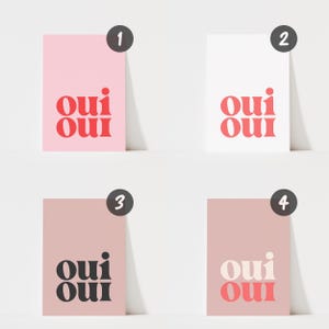 May include: Four rectangular art prints featuring the text "oui oui" in a bold, rounded font. Print one has a light pink background with red text. Print two has a white background with red text. Print three has a dusty rose background with black text. Print four has a dusty rose background with cream text.