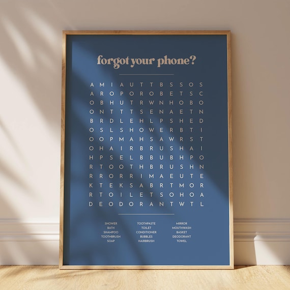 Bathroom Wall Art - Word Search Puzzle Print - Forgot Your Phone | Black & white home wall decor, minimalist bathroom toilet poster artwork
