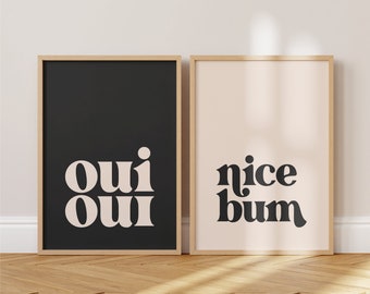 Oui Oui & Nice Bum - Bathroom Wall Art Print Set of 2 | Home decor, typography poster, bathroom sign twin pack, minimalist, artwork gift