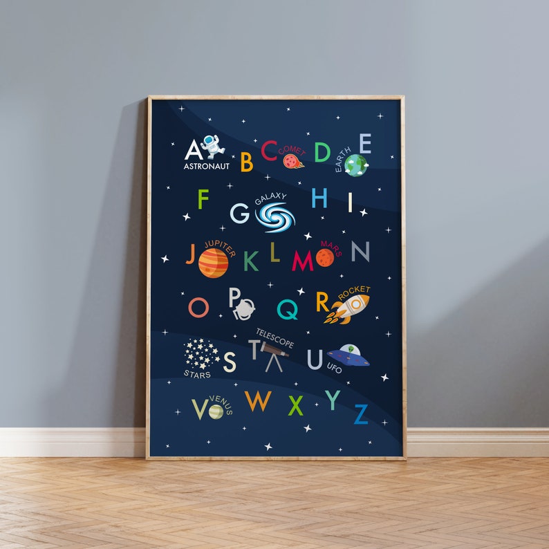 K&ouml;nnte beinhalten: Ein farbenfroher Alphabet-Poster mit Weltraum-Illustrationen. Jeder Buchstabe ist mit einem Weltraum-bezogenen Wort gepaart, wie Astronaut, Komet, Erde, Galaxie, Jupiter, Mond, Rakete, Sterne, Teleskop, UFO und Venus.