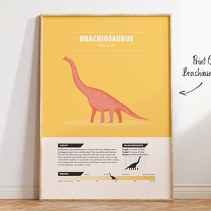 May include: A yellow and pink illustrated poster with the title "Brachiosaurus: Arm Lizard". The poster features a Brachiosaurus dinosaur illustration, along with information about its size, weight, and period. The poster also includes a timeline of the dinosaur's existence.