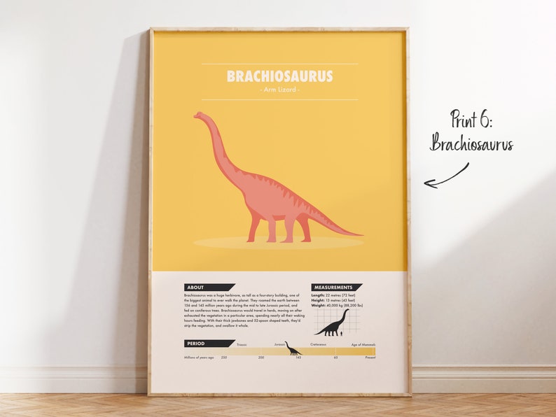 May include: A yellow and pink illustrated poster with the title "Brachiosaurus: Arm Lizard". The poster features a Brachiosaurus dinosaur illustration, along with information about its size, weight, and period. The poster also includes a timeline of the dinosaur's existence.