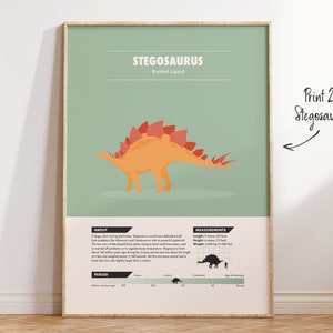 May include: A colorful illustrated poster featuring a Stegosaurus dinosaur with the text "Stegosaurus - Roofed Lizard -" and information about the dinosaur, including its size, weight, and period. The poster also includes a timeline of the Jurassic period.