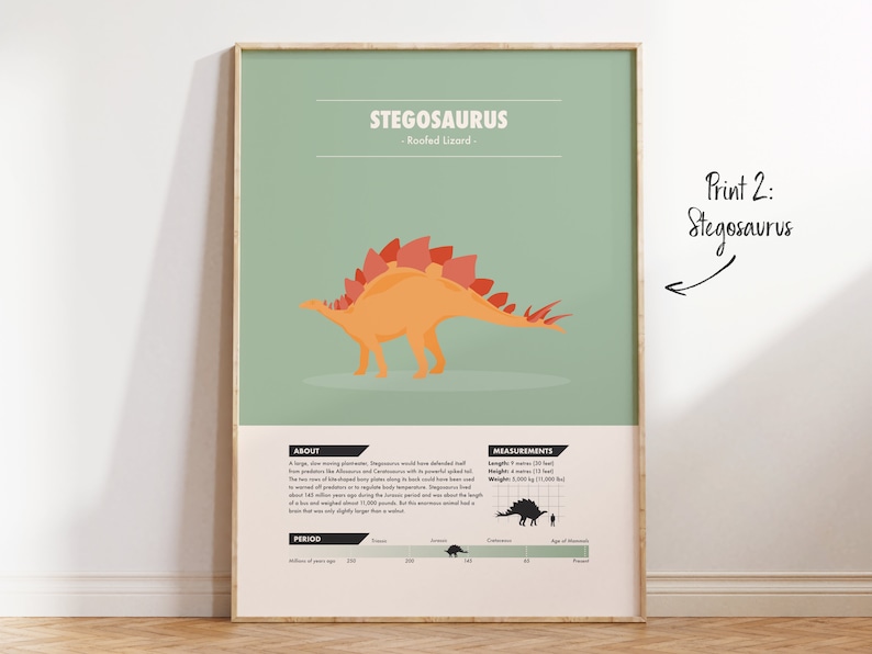 May include: A colorful illustrated poster featuring a Stegosaurus dinosaur with the text "Stegosaurus - Roofed Lizard -" and information about the dinosaur, including its size, weight, and period. The poster also includes a timeline of the Jurassic period.