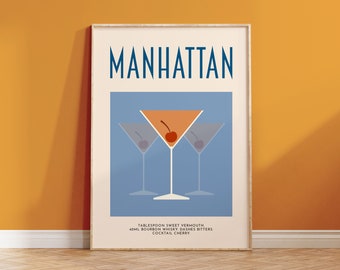 Manhattan Cocktail Print – Vintage Bar Recipe Poster, Kitchen Art