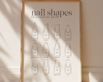 May include: A printable chart showing different nail shapes with their names: stiletto, lipstick, flare, arrow head, mountain peak, almond, ballerina, edge, rounded, square, squared oval, and oval.