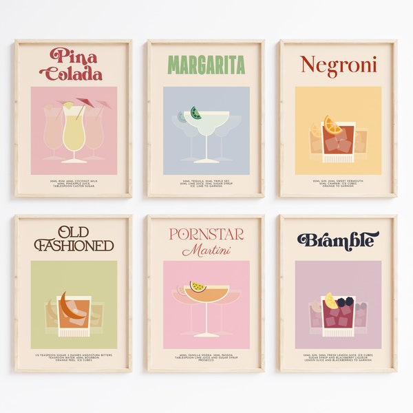 Retro Cocktail Print Set II - Classic Vintage Bar Recipe Art, Retro Poster, Kitchen Decor, Alcohol Drink Print, Housewarming Gift