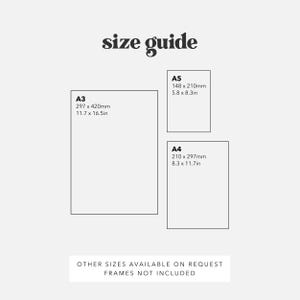 May include: Size guide for prints, showing the dimensions in inches and millimeters for A3, A4, and A5 paper sizes. The text "Other sizes available on request" and "Frames not included" is also shown.