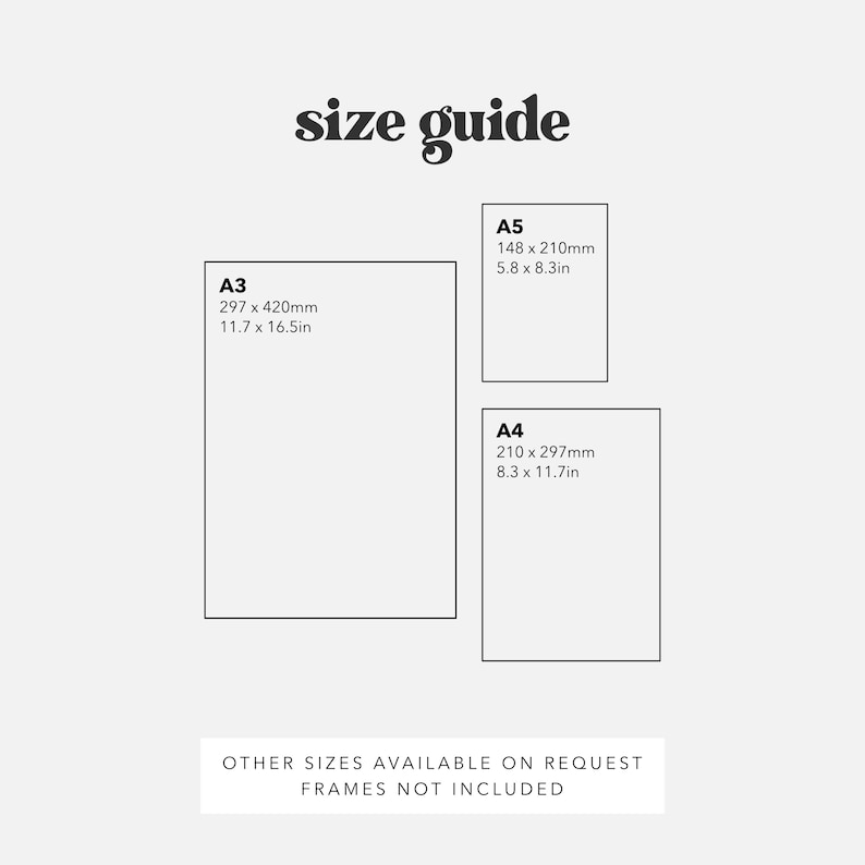 May include: Size guide for prints, showing the dimensions in inches and millimeters for A3, A4, and A5 paper sizes. The text "Other sizes available on request" and "Frames not included" is also shown.
