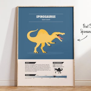 May include: A blue and yellow illustrated poster of a Spinosaurus dinosaur with the title "Spinosaurus - Spine Lizard". The poster includes information about the dinosaur, including its size, weight, and period. The poster also includes a silhouette of the dinosaur for scale.