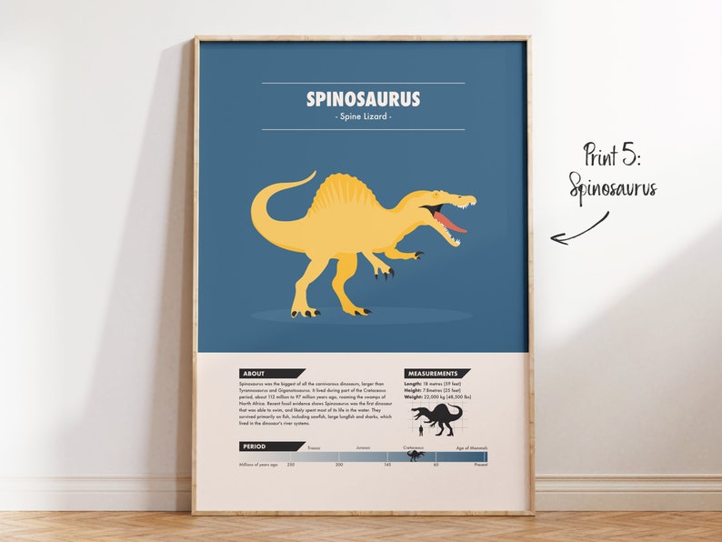 May include: A blue and yellow illustrated poster of a Spinosaurus dinosaur with the title "Spinosaurus - Spine Lizard". The poster includes information about the dinosaur, including its size, weight, and period. The poster also includes a silhouette of the dinosaur for scale.