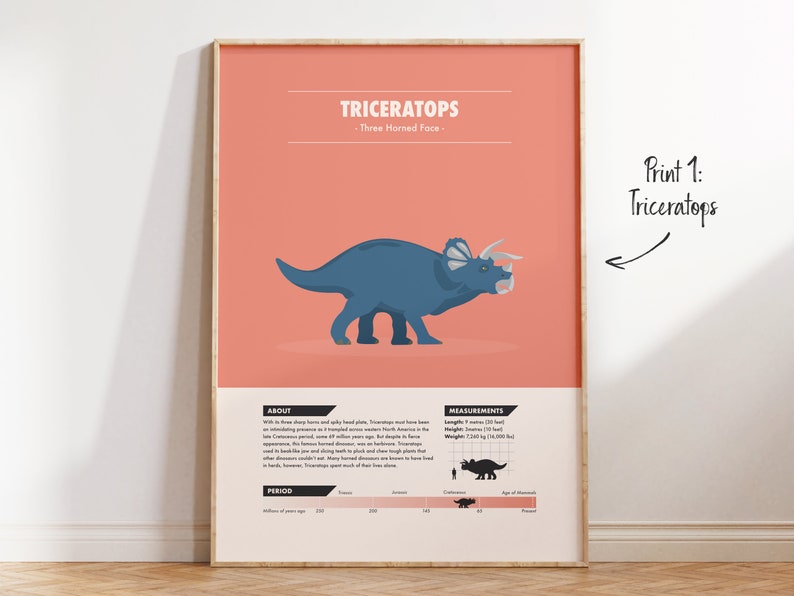 May include: A printable poster featuring a blue Triceratops dinosaur illustration with the text "Triceratops - Three Horned Face" and information about the dinosaur, including its period, about, and measurements. The poster has a pink background.