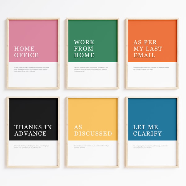 Office Definition Print Set | Home office wall art & decor, email terminology, work from home, funny poster, rude gift for colleague or boss