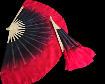 Short Silk Belly Dance Fan Veils – Black Red Ombre Practice Dance Props (2pc Set)
