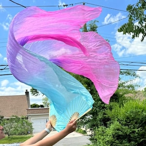 May include: A pair of silk fans with flowing fabric in shades of pink, purple, and blue. The fans are held open against a backdrop of a blue sky and green foliage.