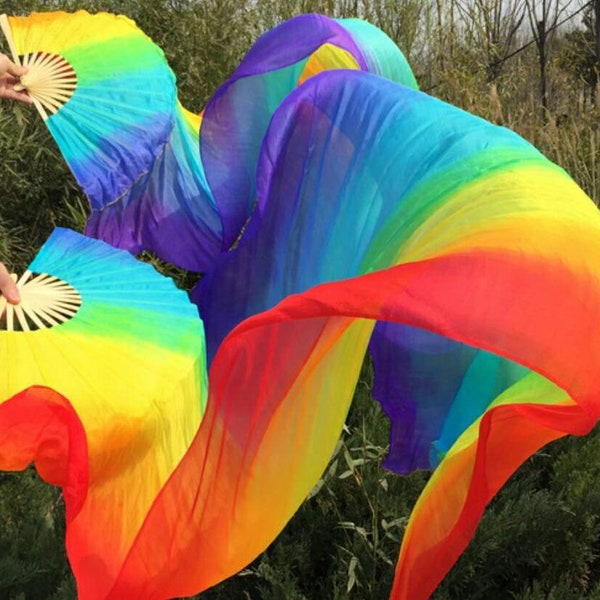 Pair of Belly Dance Costume Silk Fan Veils Pride Colors Rainbow  FREE CASE Flow Fan