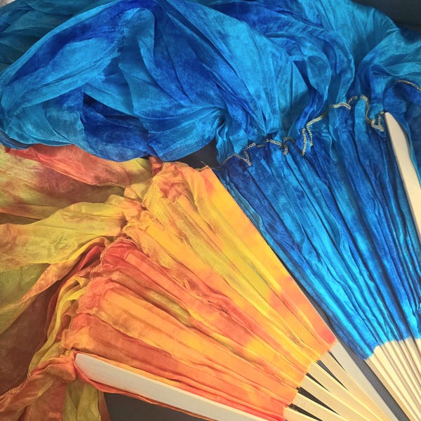 Pair of 100% Silk Fan Veils Elements Fire & Water Set