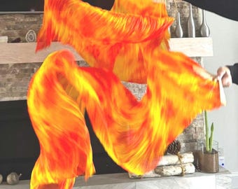 Pair of Belly Dance Costume Silk Fan Veils (Free Case) Fire Flame