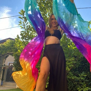 Coppia di veli da ventaglio in seta per costumi di danza del ventre multicolore (custodia gratuita) Ventaglio Flow