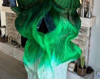 Pair of Belly Dance Costume Silk Fan Veils UV  (Free Case)