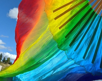 Single Rainbow Silk Fan Veil for Belly Dance: Pride Colors, Flow Fan Flag Set