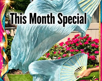 ¡PLATA! Par de velos abanico para danza del vientre 100 % seda. Estuche gratis.