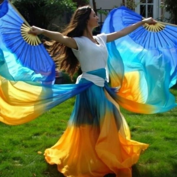 Pair of Belly Dance Costume Silk UV Fan Veils (Free Case)
