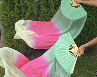 New Design ! 100% Silk Fan Veils + FREE Carrying Case | Handmade Belly Dance Fans