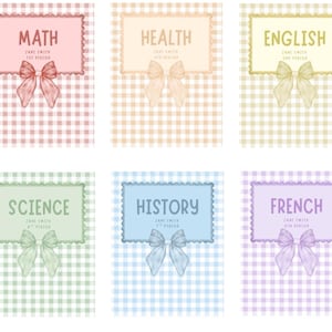 May include: Six rectangular school subject labels with a gingham pattern background. Each label features a scalloped border, a central bow, and text including the subject name, Zane Smith, and period number in pink, orange, yellow, green, blue, and purple.
