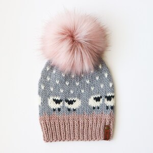 READY TO SHIP | Knit Beanie | Sheep Beanie | Faux Fur Pom | Adult Size | Handmade Gift | Ewenique Beanie | Mauve and Grey