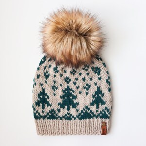 READY TO SHIP | Knit Beanie | Adult Size | Handmade Gift | Christmas Gift | Holiday Gift | Pine and Fir Beanie | Beige & Green