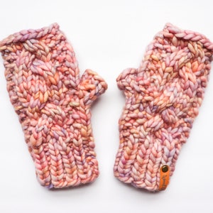 May include: A pair of pink and purple fingerless gloves with a cable knit pattern. The gloves have a small leather tag with the text "Wool & Co." on them.