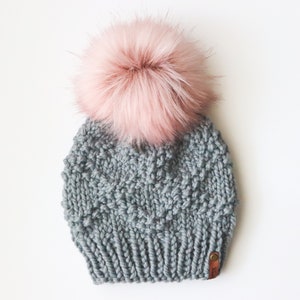 READY TO SHIP | Knit Beanie | Diamond design Beanie | Knit hat | Faux Fur Pom Pom | Adult Size | Handmade Gift | Slate