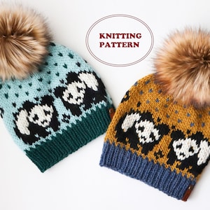 May include: Two knitted hats with panda bear designs. One hat is blue and green with a white pom pom. The other hat is yellow and blue with a brown pom pom. The hats have the text "Knitting Pattern" on a white background.