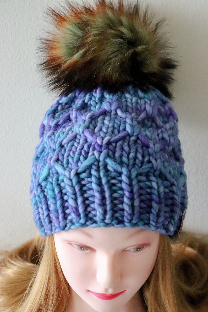 100/% Merino Wool Faux Fur Pom Pom Luxury Knit Beanie Winter Hat Adult Size Knit Hat Blue READY TO SHIP Malabrigo Rasta