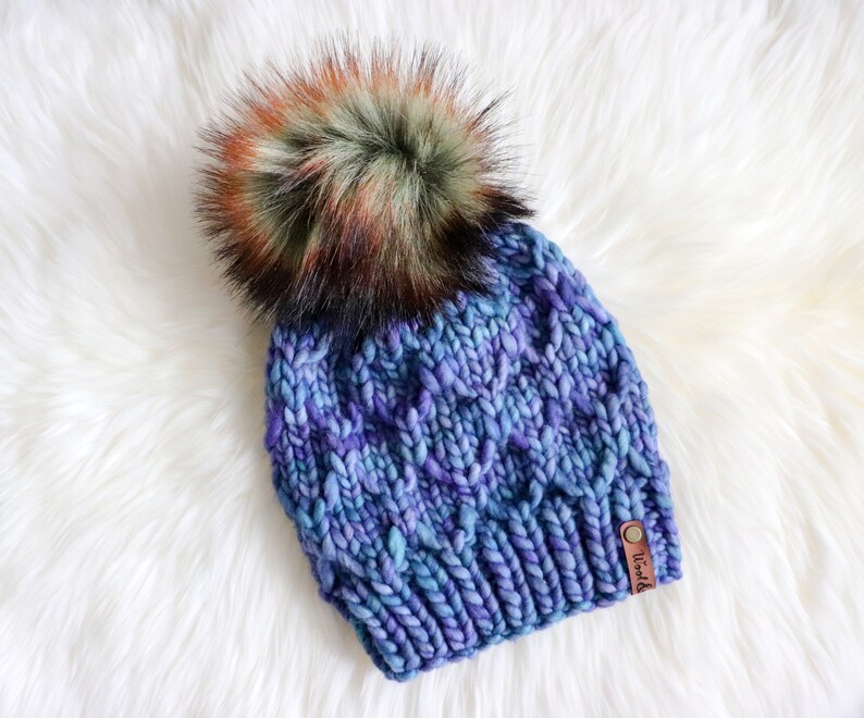 100/% Merino Wool Faux Fur Pom Pom Luxury Knit Beanie Winter Hat Adult Size Knit Hat Blue READY TO SHIP Malabrigo Rasta