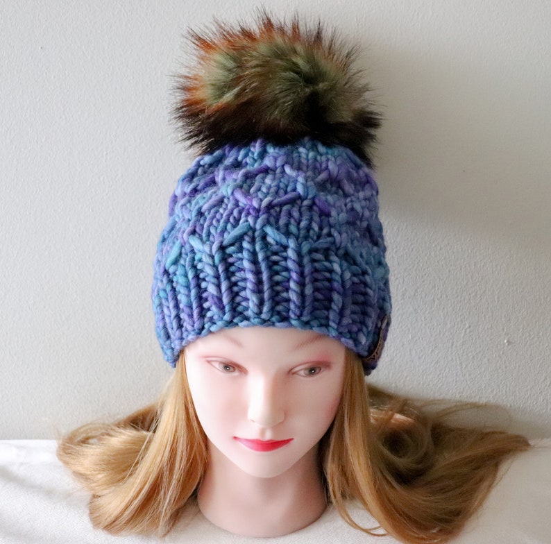 100/% Merino Wool Faux Fur Pom Pom Luxury Knit Beanie Winter Hat Adult Size Knit Hat Blue READY TO SHIP Malabrigo Rasta