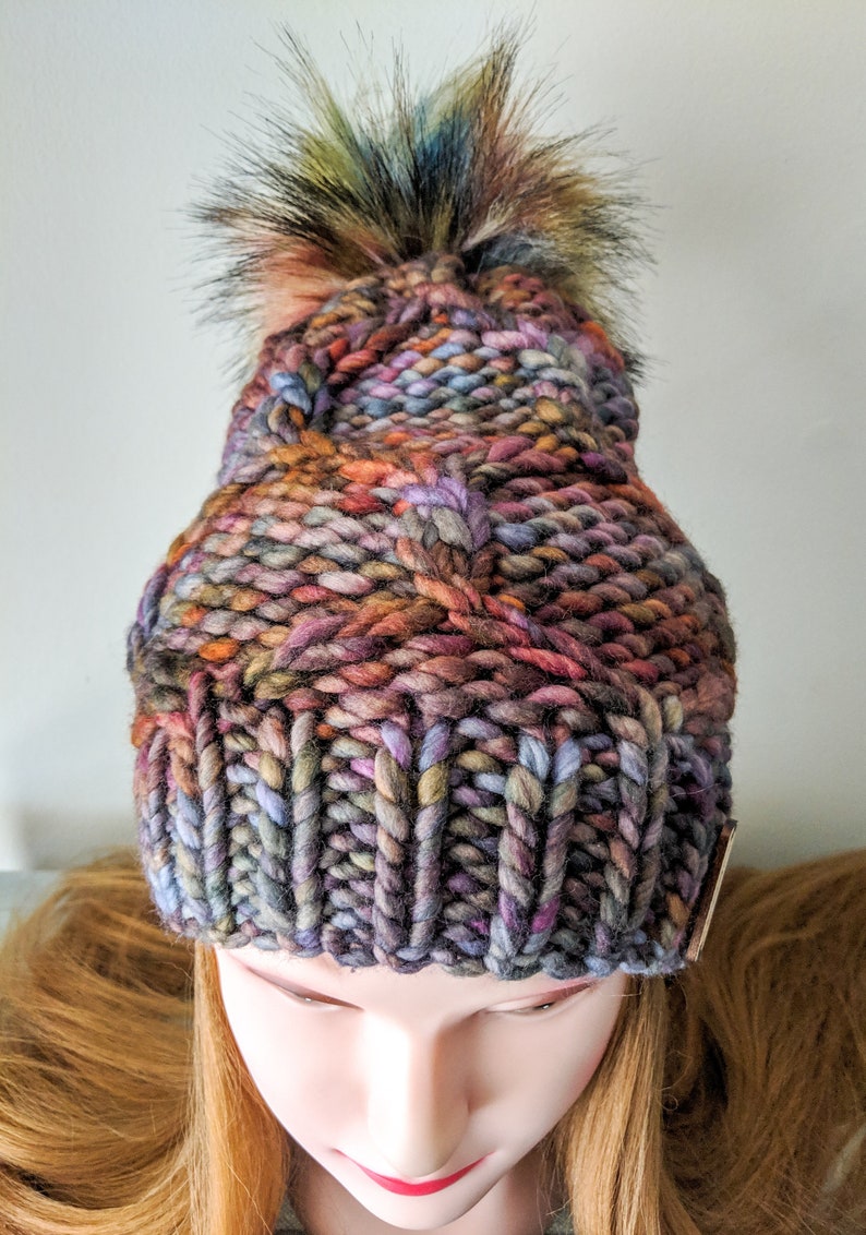Adult Size Knit Hat Winter Hat Malabrigo Rasta Luxury Knit Beanie Twist of Fate Beanie Fur Pom Pom Piedras 100/% Merino Wool